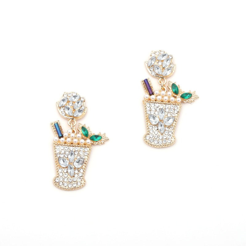Wholesale Cold Drink Glass Shaped Pearl Studded Diamond Alloy Earrings